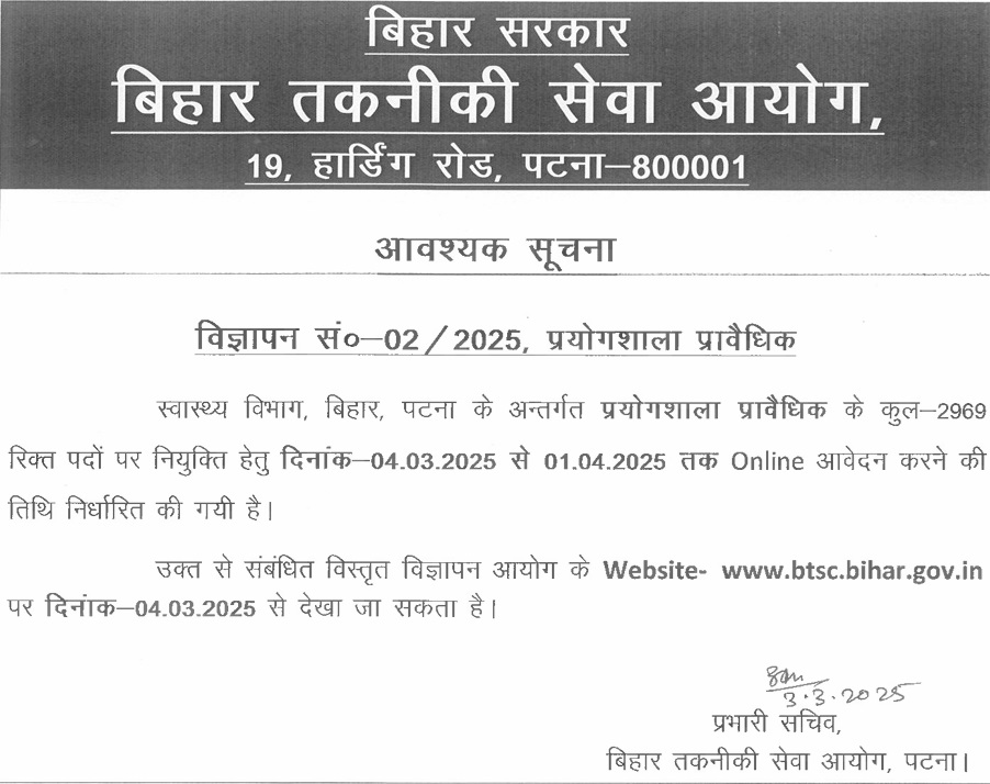 Bihar BTSC Various Post Recruitment 2025